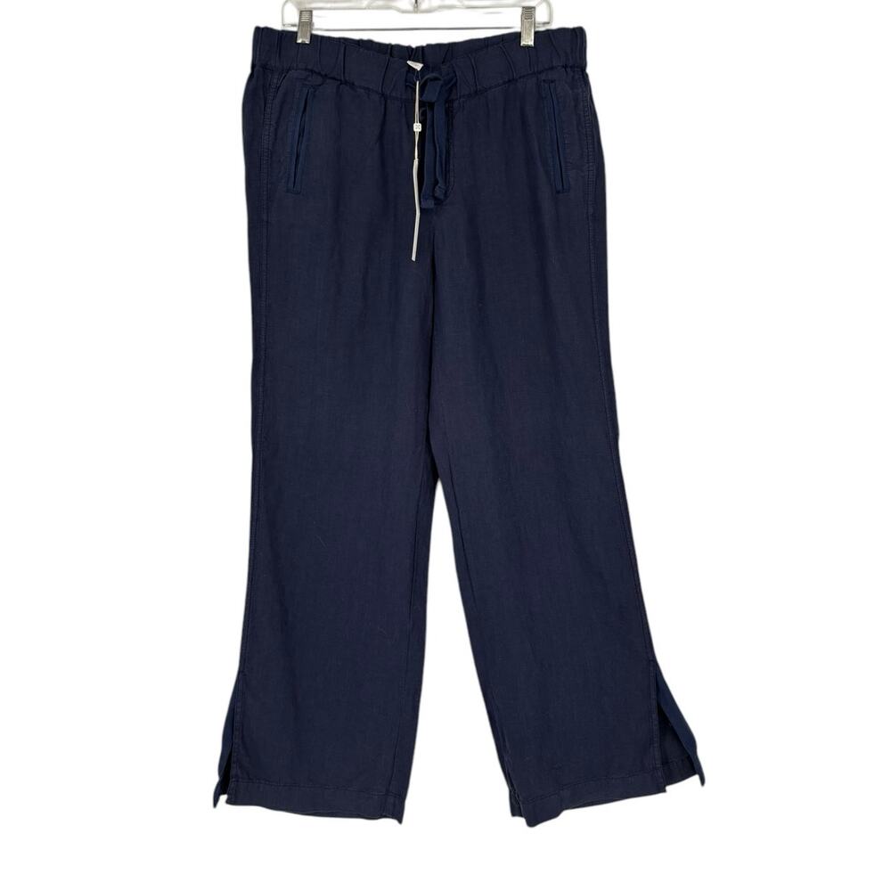 Caslon 100% Linen Pant Wide Leg Drawstring Navy Coastal Boho Lagenlook Large NWT